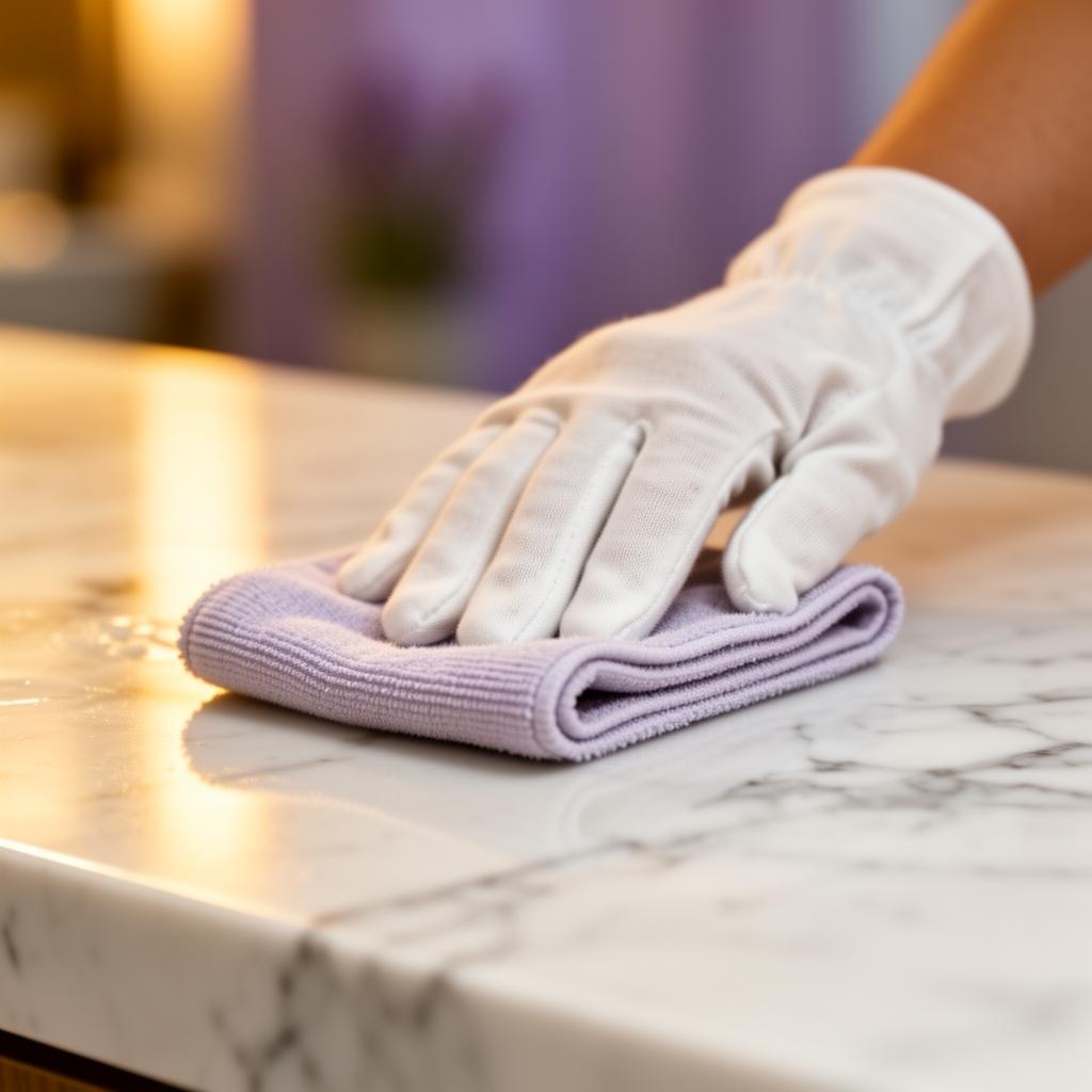 Close-up of detailed marble surface care by DeFreitas Cleaning